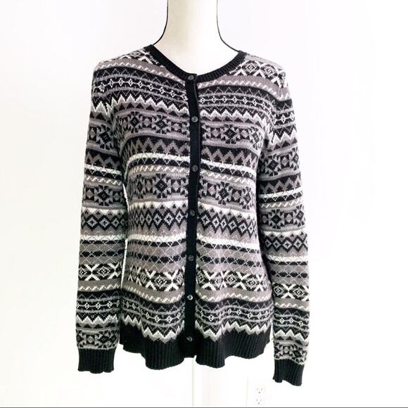 Eddie Bauer Wool Blend Size L Black Grey Fair Isle Scandinavian Striped Cardigan - Picture 1 of 4